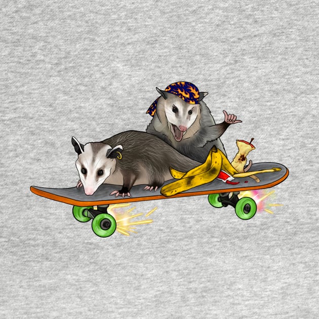 Rebellious Opossums On A Skateboard With Trash by Ashley D Wilson